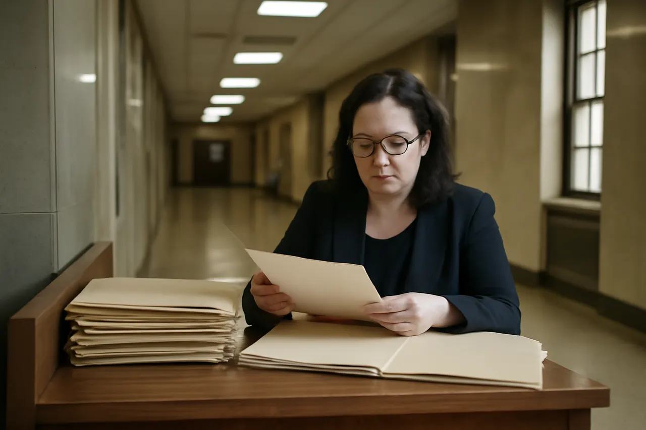 Quiet courthouse or legal-work setting with documents and civic architecture.