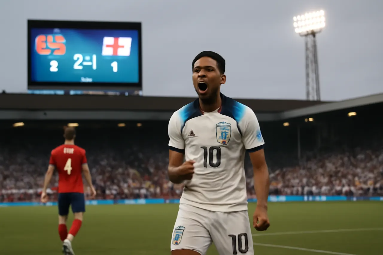 Grounded editorial scene illustrating Jude Bellingham scores both goals in a dramatic extra-time quarterfinal victory, marking the first World Cup encounter between England and Norway.