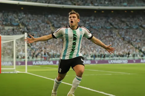 Grounded editorial scene illustrating A dramatic 112th-minute strike by Julian Alvarez secured Argentina’s 3-1 victory against Switzerland, advancing the defending champions to the World Cup semifinals.