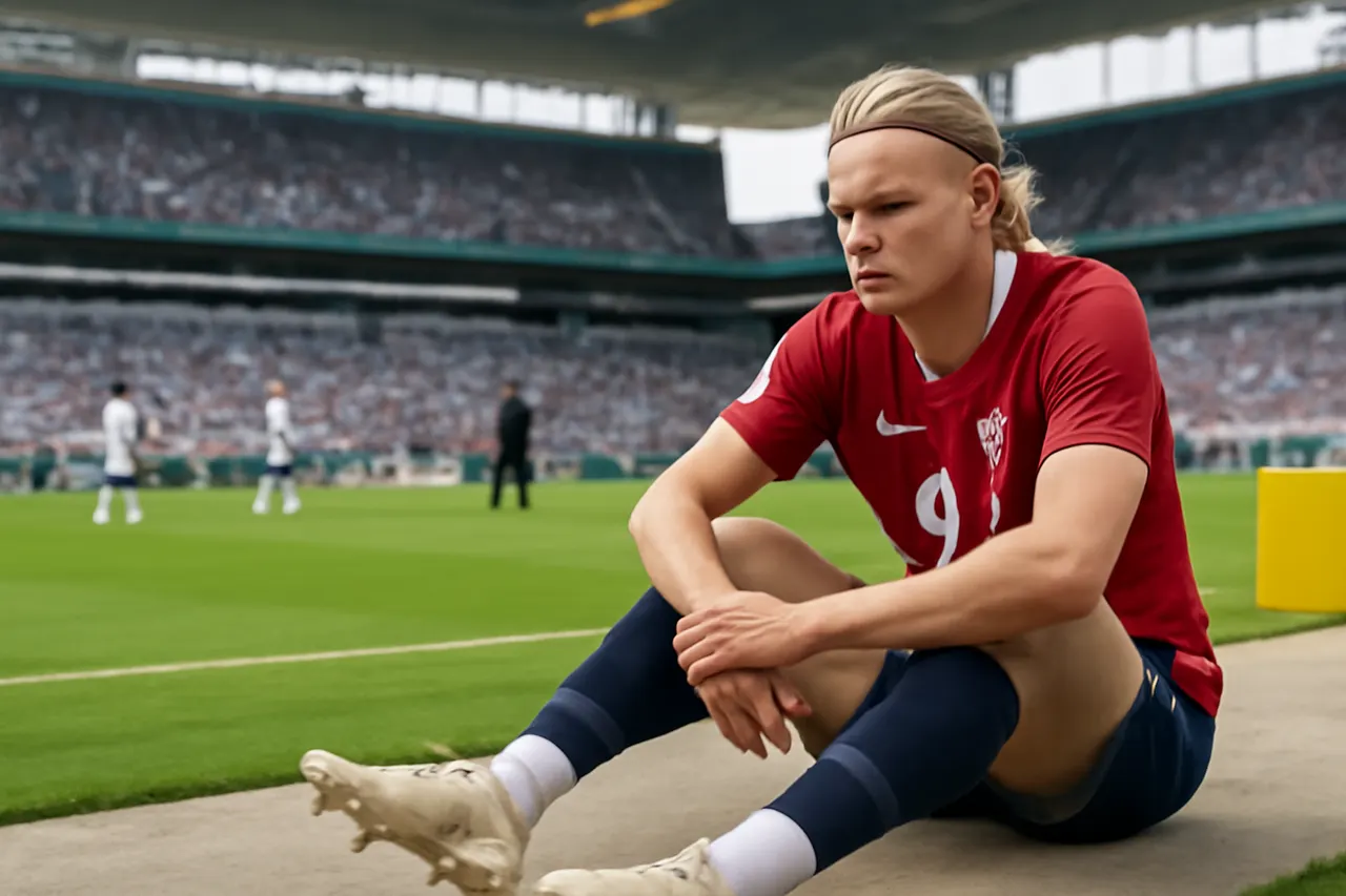 Grounded editorial scene illustrating Norway’s surprising decision to sub off star striker Erling Haaland late in extra time during their 2026 World Cup quarterfinal defeat to England sparked widespread social media backlash.