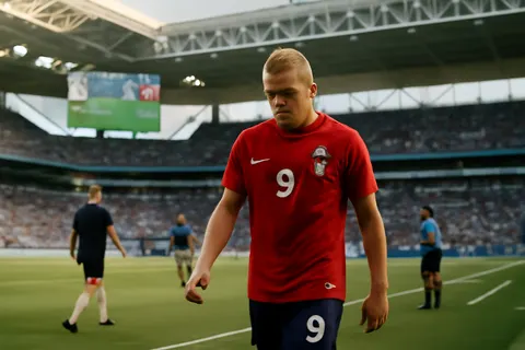Grounded editorial scene illustrating Norway’s surprising substitution of star striker Erling Haaland during extra time in their 2026 World Cup quarterfinal defeat to England drew widespread criticism online.