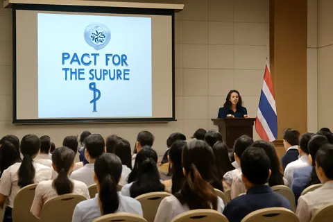 Grounded editorial scene illustrating Nearly 400 young leaders from Thailand engage in national dialogue to advance youth participation and sustainable civic engagement under the UN’s Pact for the Future.