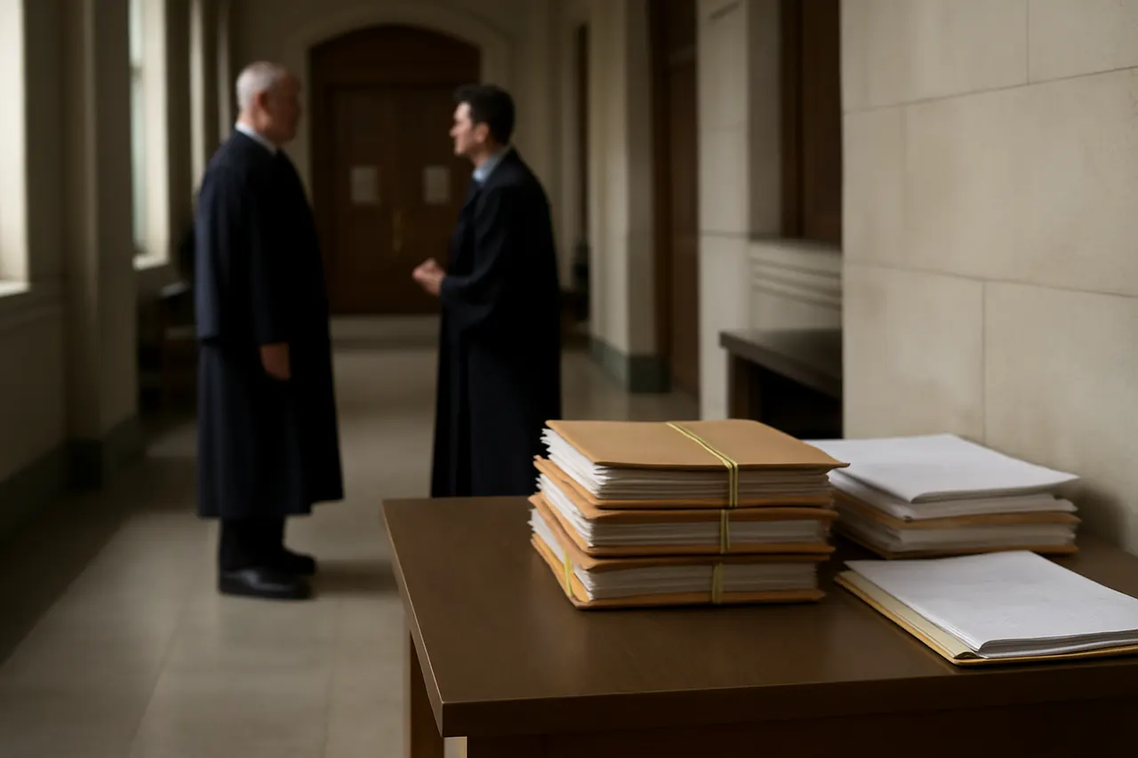 Quiet courthouse or legal-work setting with documents and civic architecture.