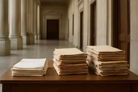 Quiet courthouse or legal-work setting with documents and civic architecture.