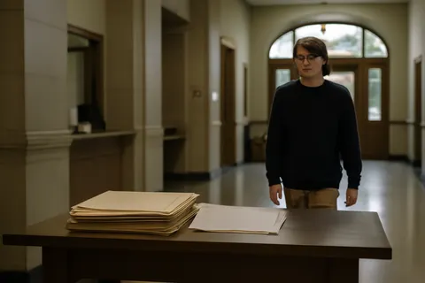 Quiet courthouse or legal-work setting with documents and civic architecture.