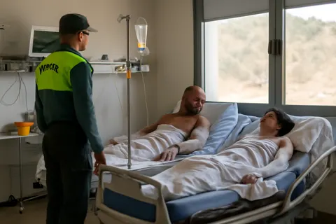 Grounded editorial scene illustrating A British couple found semi-conscious with extensive burns were rescued from a ravine amid deadly wildfires in Spain's Almeria province, where the fire claimed 12 lives and forced thousands to evacuate.