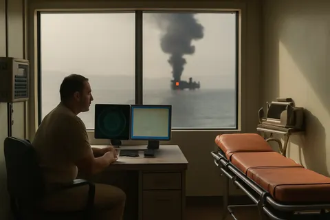 Grounded editorial scene illustrating Iran and Kuwait experienced fresh attacks as Tehran and Washington clashed over control of the Strait of Hormuz, with conflicting reports on the waterway's status.