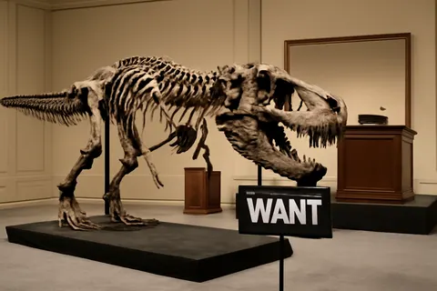 Grounded editorial scene illustrating The fossil known as 'Gus' will be offered for sale on Tuesday, continuing the trend of dinosaur bones being sold to private collectors.