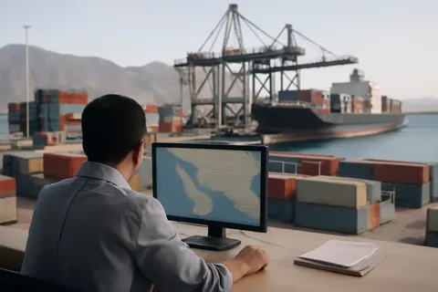 Industrial port worker overlooking bulk-material handling equipment and a cargo vessel.