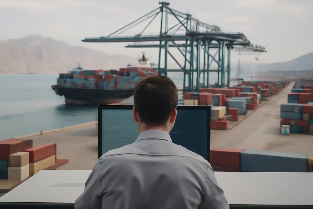 Industrial port worker overlooking bulk-material handling equipment and a cargo vessel.