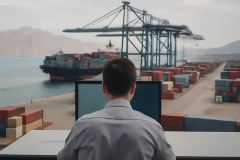 Industrial port worker overlooking bulk-material handling equipment and a cargo vessel.