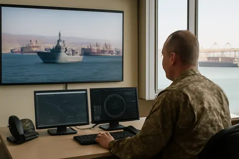 Industrial port worker overlooking bulk-material handling equipment and a cargo vessel.