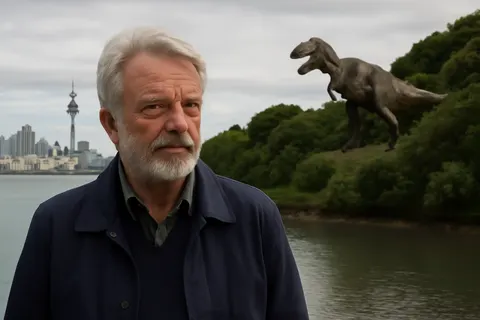 Grounded editorial scene illustrating Sam Neill, known for his role in Jurassic Park, passed away suddenly on July 13, 2026, in Sydney after overcoming stage-three blood cancer.