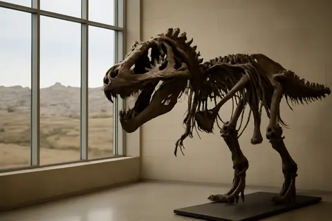 Grounded editorial scene illustrating A nearly complete Tyrannosaurus rex fossil named Gus, discovered in South Dakota's Badlands, is expected to fetch up to $30 million at a New York auction, raising concerns among scientists.