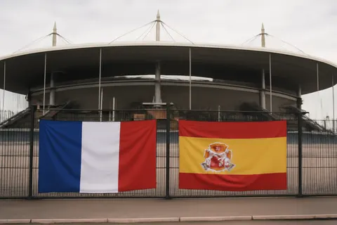 Grounded editorial scene illustrating Following their win over Morocco, France prepares to face Spain in a highly anticipated semi-final, with Spain’s strong defense posing a significant challenge.