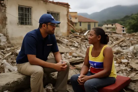 Grounded editorial scene illustrating Despite expectations of suspicion, humanitarian aid workers encountered strong community bonds and hope while assisting Venezuelan quake victims.