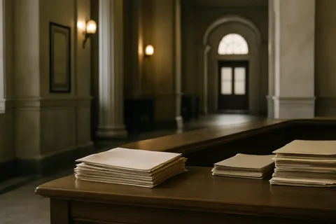 Quiet courthouse or legal-work setting with documents and civic architecture.