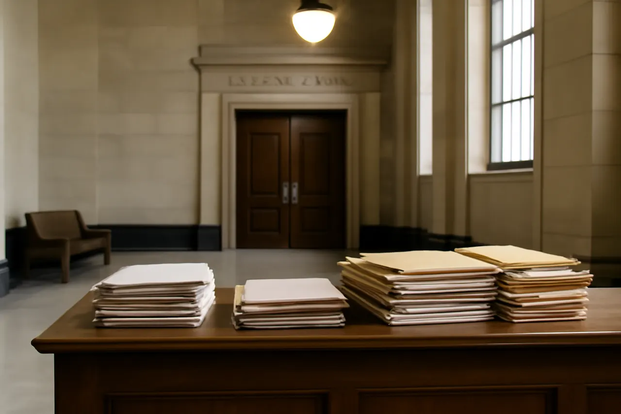 Quiet courthouse or legal-work setting with documents and civic architecture.