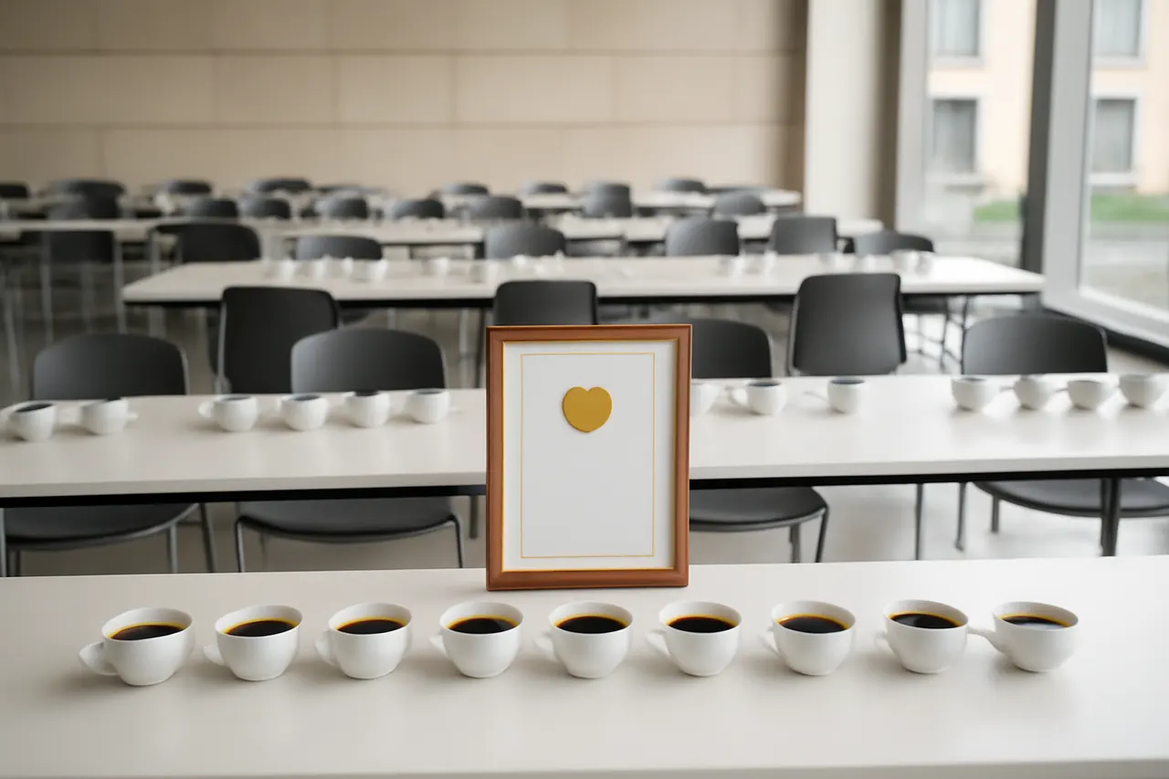 Grounded editorial scene illustrating Over 250 chefs and sommeliers awarded Superior Taste Awards to nineteen coffees, including Lavazza and Café San Alberto, recognizing them for exceptional flavor and quality.