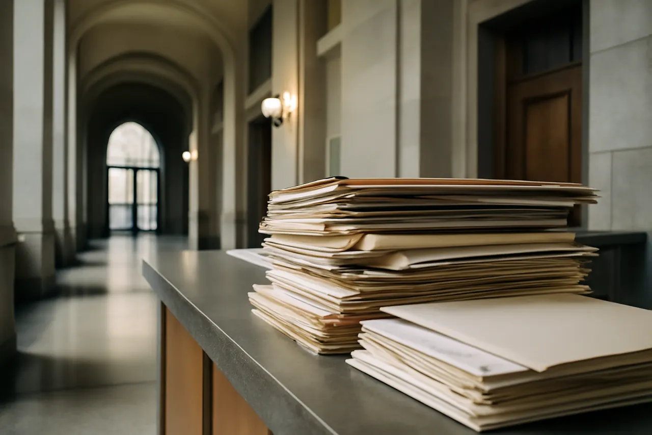 Quiet courthouse or legal-work setting with documents and civic architecture.