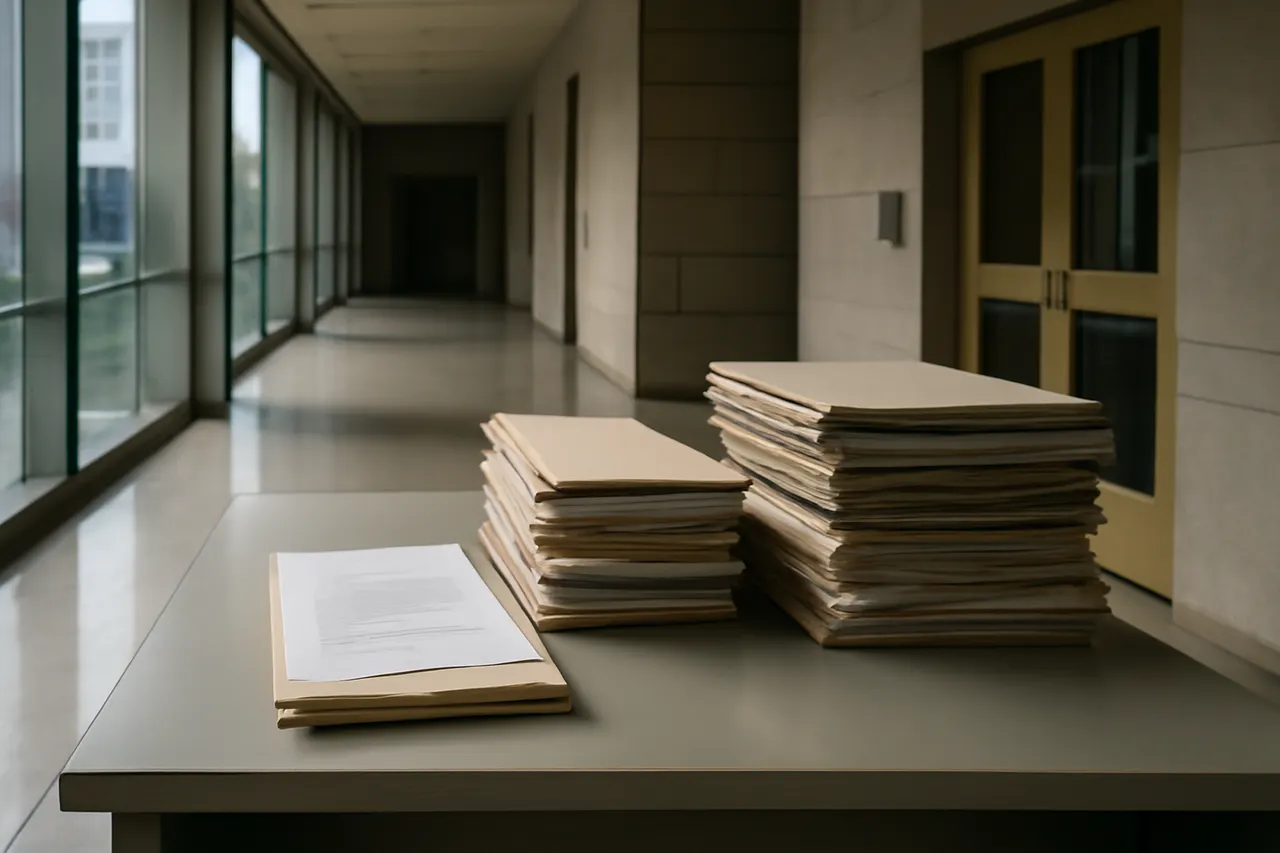Quiet courthouse or legal-work setting with documents and civic architecture.