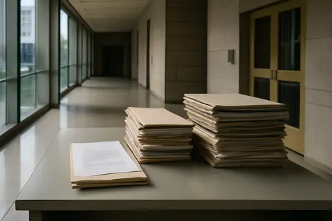 Quiet courthouse or legal-work setting with documents and civic architecture.
