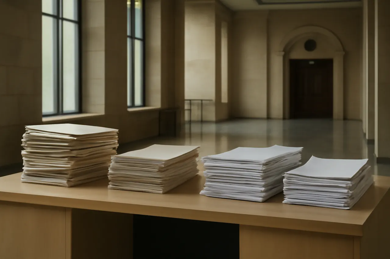 Quiet courthouse or legal-work setting with documents and civic architecture.
