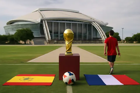 Grounded editorial scene illustrating Golden Boot frontrunner Kylian Mbappé leads France against Spain in a highly anticipated semifinal match in Arlington, Texas, with a spot in the World Cup Final at stake.