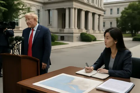Grounded editorial scene illustrating On Monday, July 13th, 2026, President Donald Trump reinstated a US naval blockade targeting Iranian ports and announced plans to impose substantial fees on ships passing through the Strait of Hormuz, prompting a mocking response from Tehran.