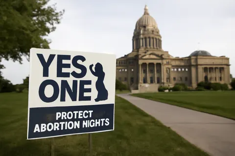 Grounded editorial scene illustrating A ballot measure certified by Idaho’s secretary of state could overturn one of the nation’s strictest abortion bans, allowing abortion until fetal viability if approved by voters.
