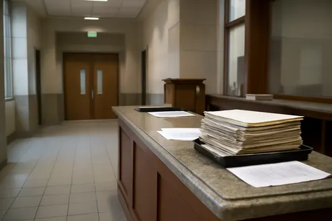 Quiet courthouse or legal-work setting with documents and civic architecture.