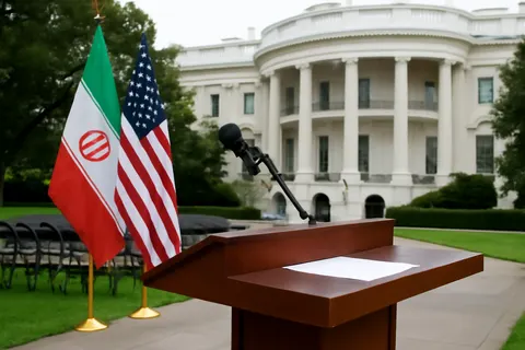 Grounded editorial scene illustrating US President Donald Trump announced a prime-time address to the nation on Thursday, following his declaration to reimpose a naval blockade on Iran and impose fees on ships in the Strait of Hormuz.