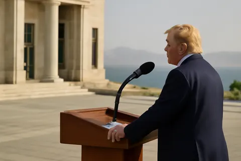Grounded editorial scene illustrating US President Donald Trump asserts that wealthy Gulf oil producers should compensate the US for protecting the strategic Strait of Hormuz.