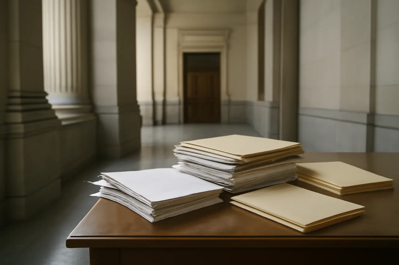 Quiet courthouse or legal-work setting with documents and civic architecture.