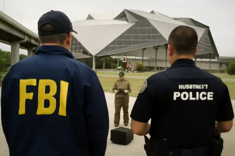 Grounded editorial scene illustrating Ahead of the World Cup semifinals at Atlanta Stadium, federal and local authorities intensify drone surveillance and enforcement to ensure public safety.