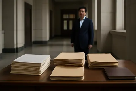 Quiet courthouse or legal-work setting with documents and civic architecture.