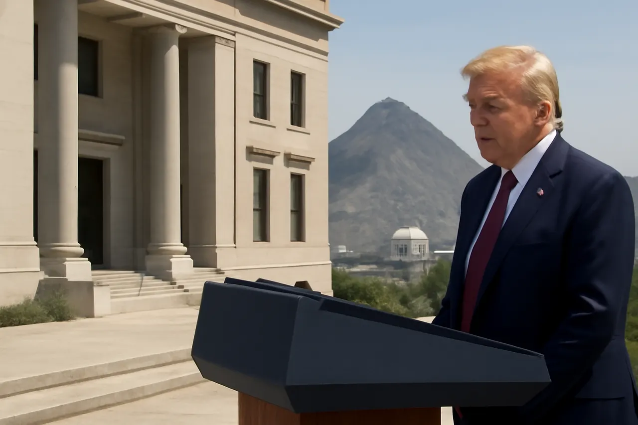 Grounded editorial scene illustrating US President Donald Trump has issued a threat to target a heavily fortified nuclear site located at Pickaxe Mountain in Iran.
