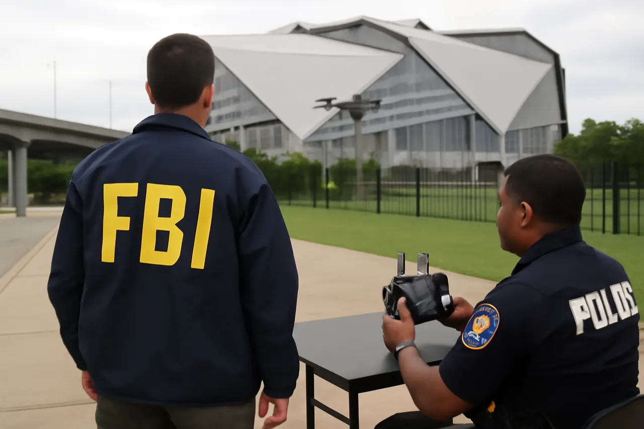 Grounded editorial scene illustrating Ahead of the World Cup semifinals at Atlanta Stadium, federal and local authorities intensify drone surveillance and enforcement to ensure safety.