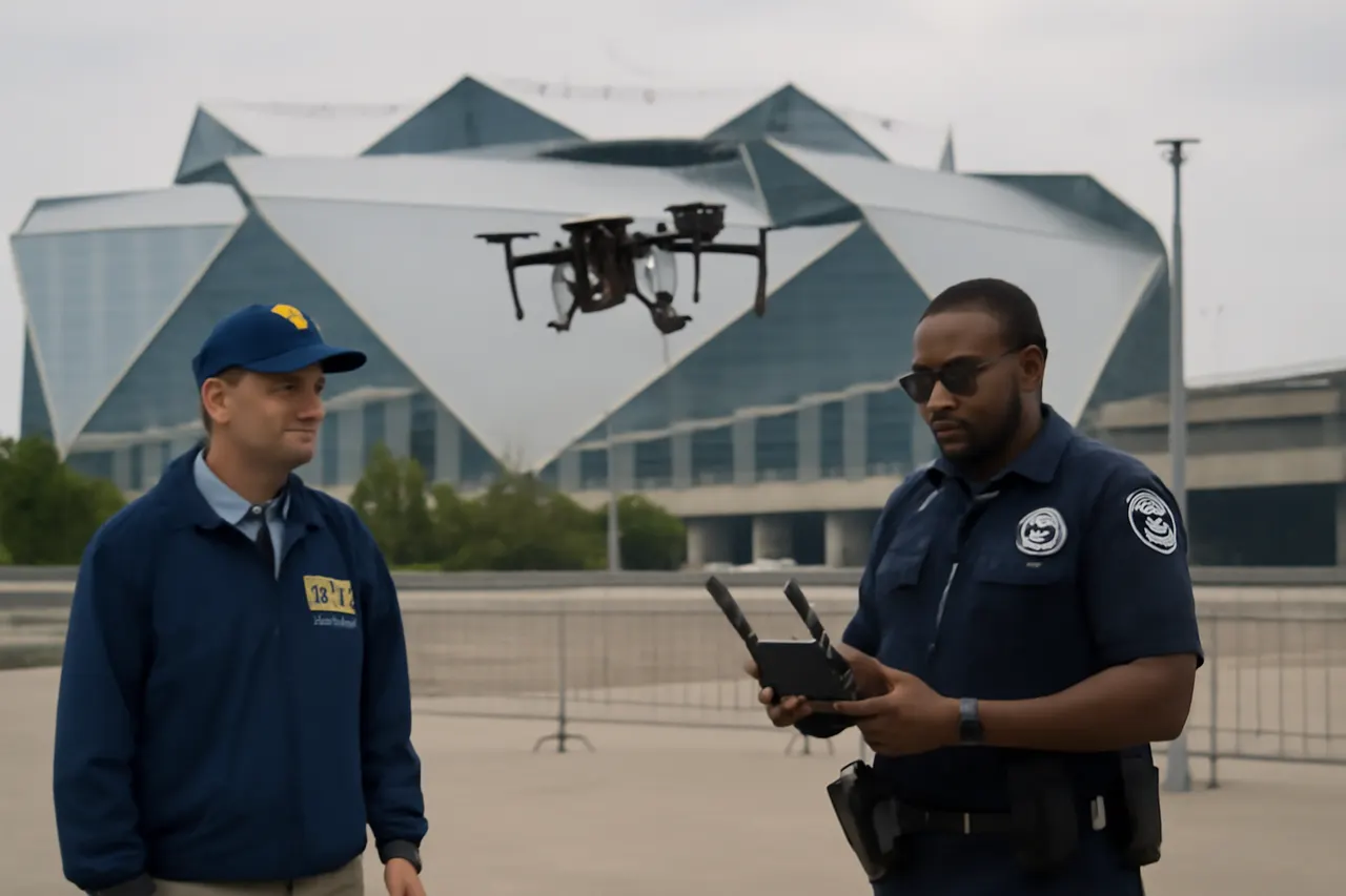 Grounded editorial scene illustrating Ahead of the World Cup semifinals at Atlanta Stadium, authorities have intensified drone surveillance and enforcement to ensure security and safety.