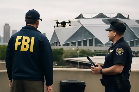 Grounded editorial scene illustrating Ahead of the World Cup semifinals at Atlanta Stadium, federal and local authorities intensify drone surveillance and enforcement to ensure event security.