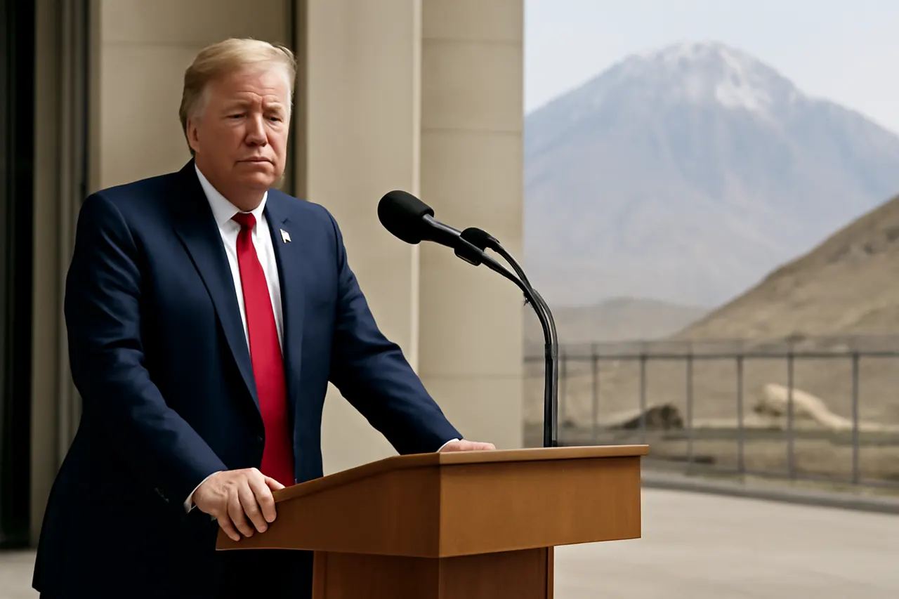 Grounded editorial scene illustrating US President Donald Trump has issued a threat to strike a heavily-fortified underground nuclear site in Iran known as Pickaxe Mountain.