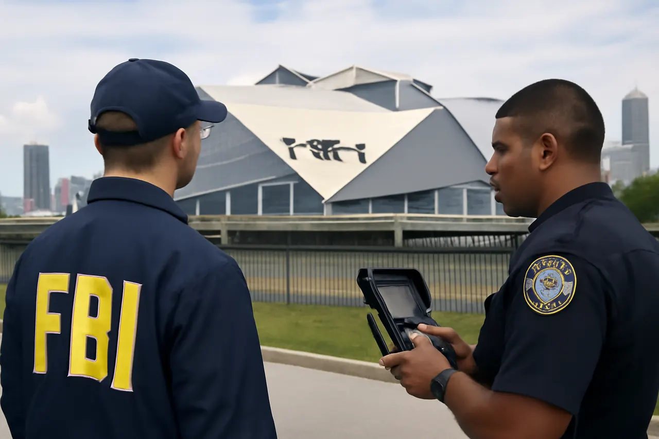 Grounded editorial scene illustrating Ahead of the World Cup semifinals at Atlanta Stadium, federal and local authorities have intensified efforts to detect and safely land unauthorized drones in restricted airspace.