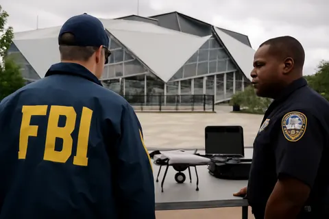 Grounded editorial scene illustrating Ahead of the World Cup semifinals at Atlanta Stadium, authorities have intensified efforts to detect and confiscate unauthorized drones to ensure spectator safety.