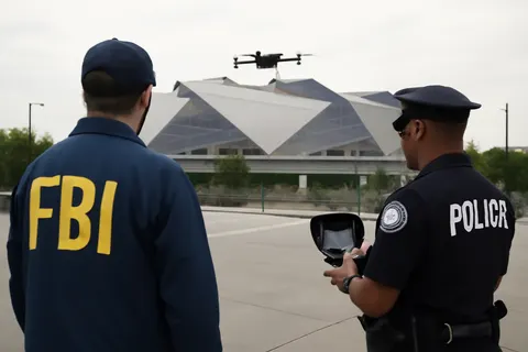Grounded editorial scene illustrating Ahead of the World Cup semifinals at Atlanta Stadium, federal and local authorities intensify drone surveillance and enforcement to ensure event security.