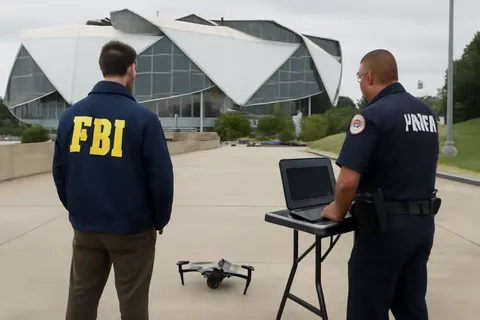 Grounded editorial scene illustrating Ahead of the World Cup semifinals at Atlanta Stadium, federal and local authorities intensify efforts to detect and manage unauthorized drone activity to ensure public safety.