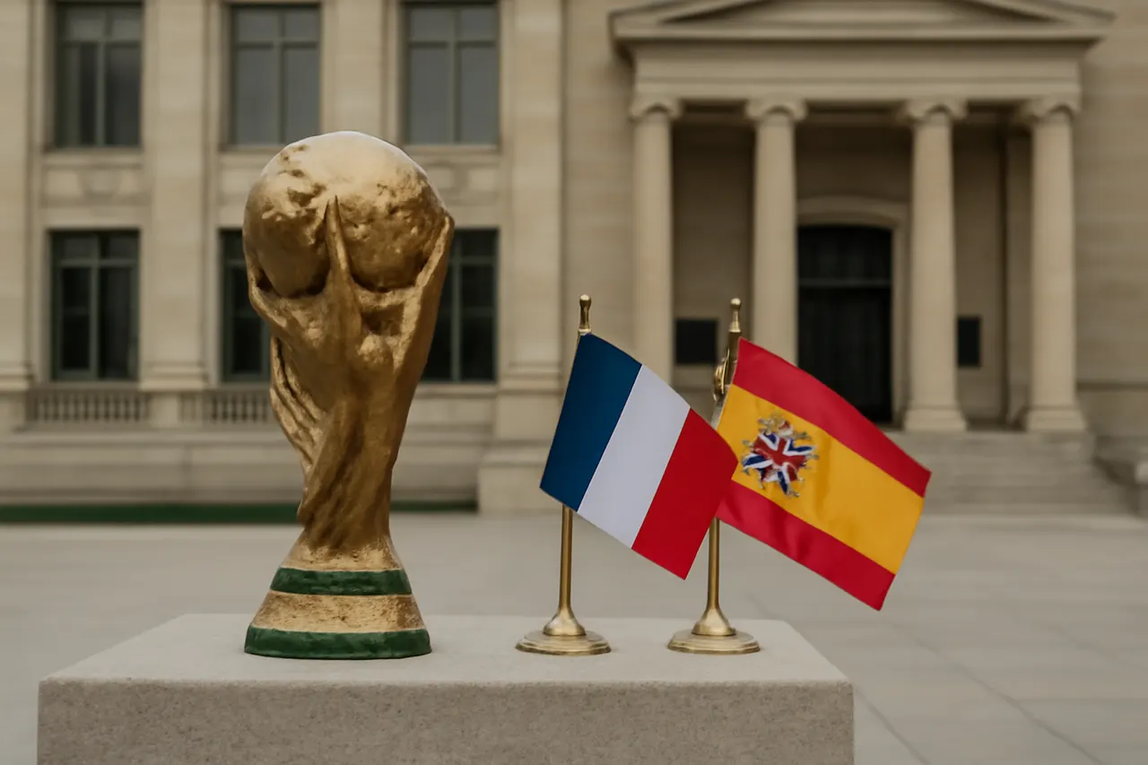 Grounded editorial scene illustrating The 2026 FIFA World Cup semifinal kicks off with France facing Spain in Dallas, while FIFA President Gianni Infantino signals potential expansion of the tournament to 64 teams in 2030.