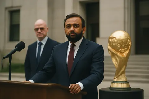 Grounded editorial scene illustrating FBI Director Kash Patel details the agency’s largest-ever security commitment for a sporting event, reporting no significant criminal attacks during the 2026 FIFA World Cup held across the United States.