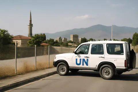 Grounded editorial scene illustrating Antonio Guterres will be the first UN secretary-general in 16 years to visit Cyprus, aiming to restart stalled negotiations on the island's long-standing division.