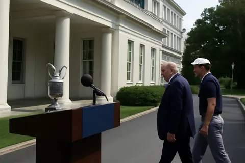 Grounded editorial scene illustrating Despite a close friendship with Donald Trump, Bryson DeChambeau's request for presidential involvement in his two-stroke penalty at the 2026 Open Championship was denied.