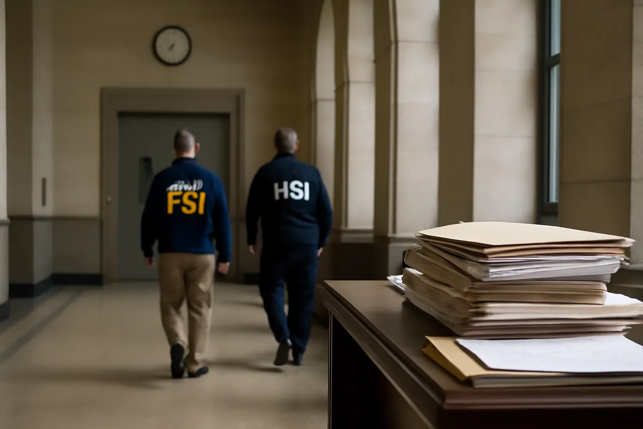Grounded editorial scene illustrating The FBI reportedly shifts assault investigations on immigration agents to Homeland Security Investigations, while DHS denies claims of changes in FBI involvement, sparking a public dispute with The New York Times.